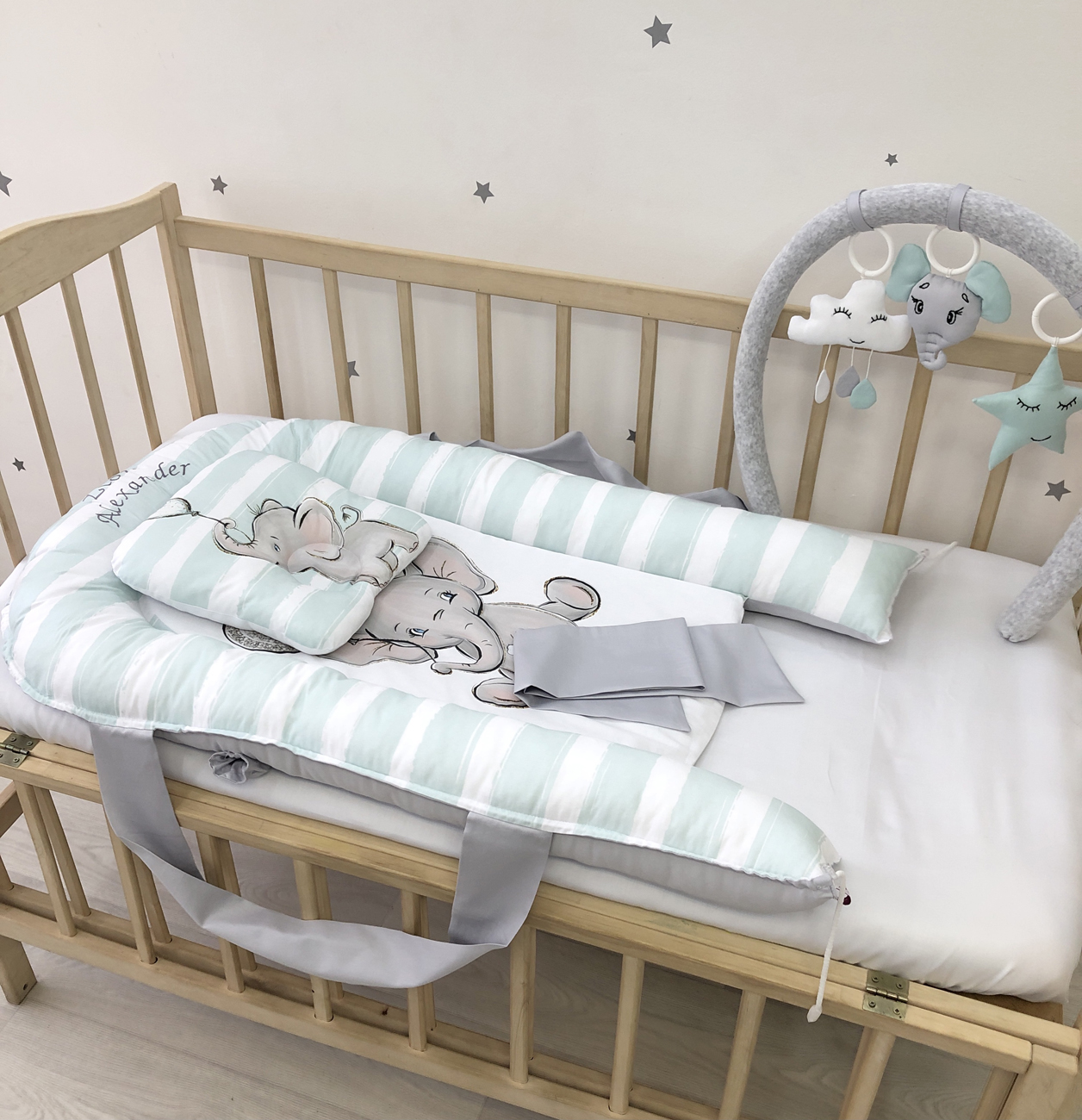 Baby Nest gray Elephant "Nest for babies with bow and toys"