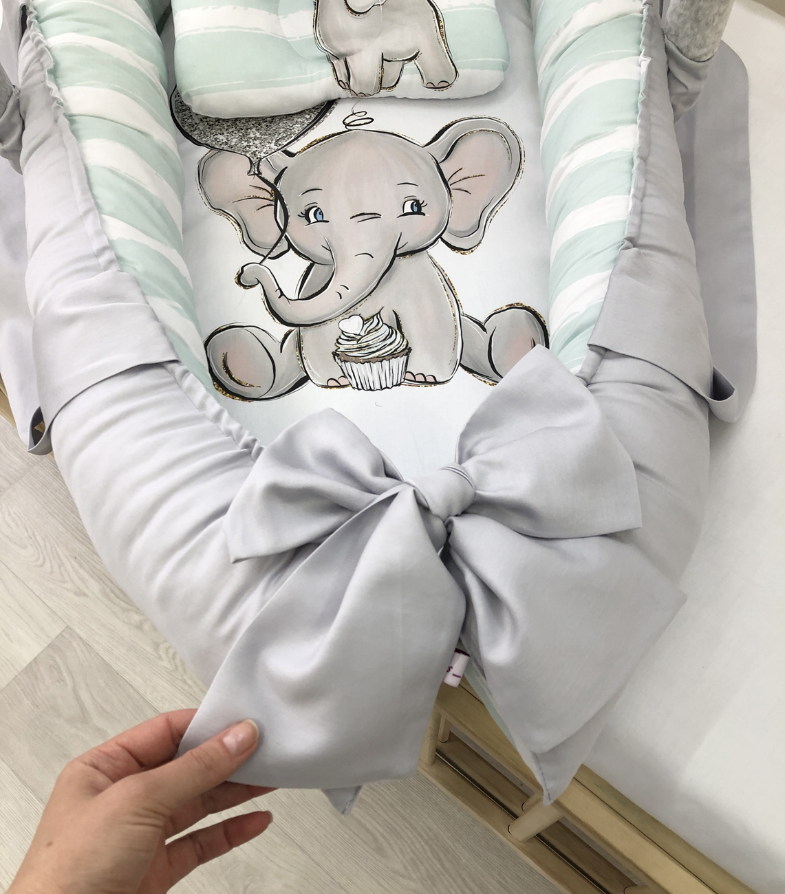 Baby Nest gray Elephant "Nest for babies with bow and toys"