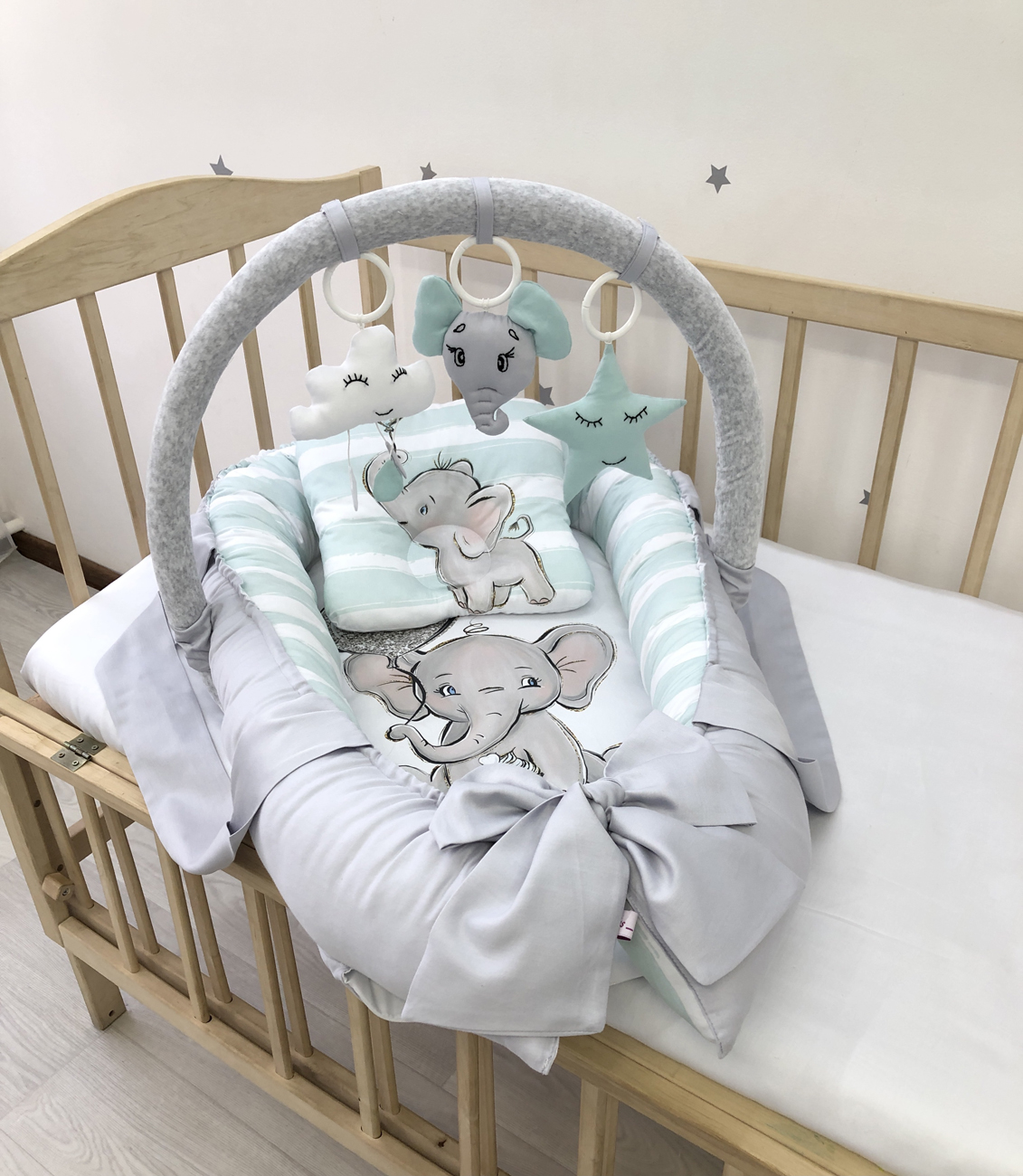 Baby Nest gray Elephant "Nest for babies with bow and toys"