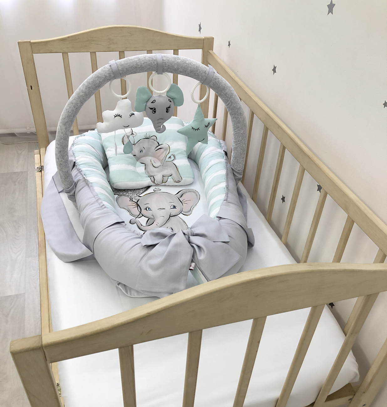 Baby Nest gray Elephant "Nest for babies with bow and toys"