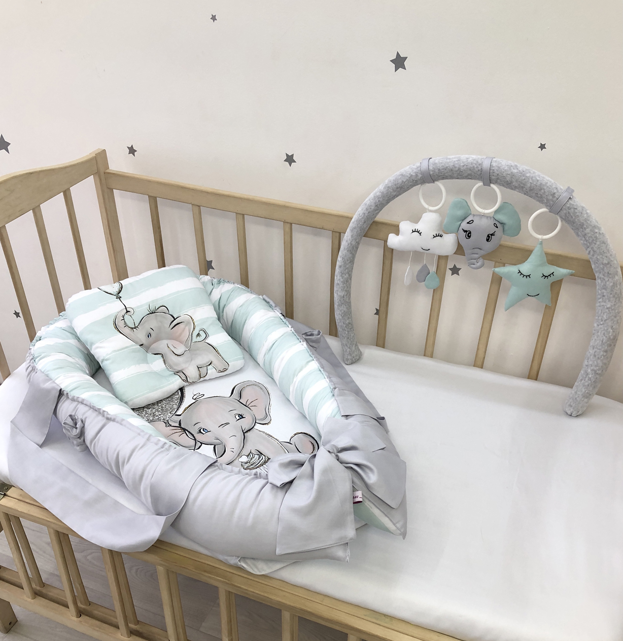 Baby Nest gray Elephant "Nest for babies with bow and toys"