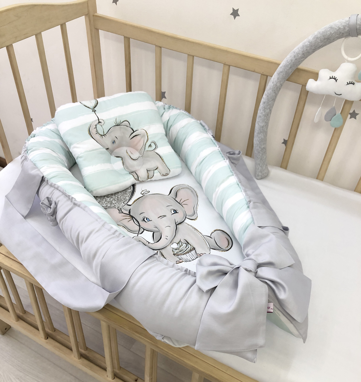 Baby Nest gray Elephant "Nest for babies with bow and toys"