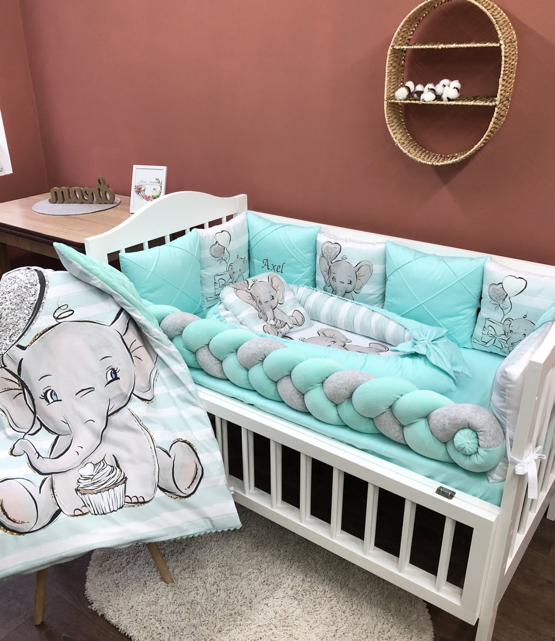 Crib set "Mint Elephant