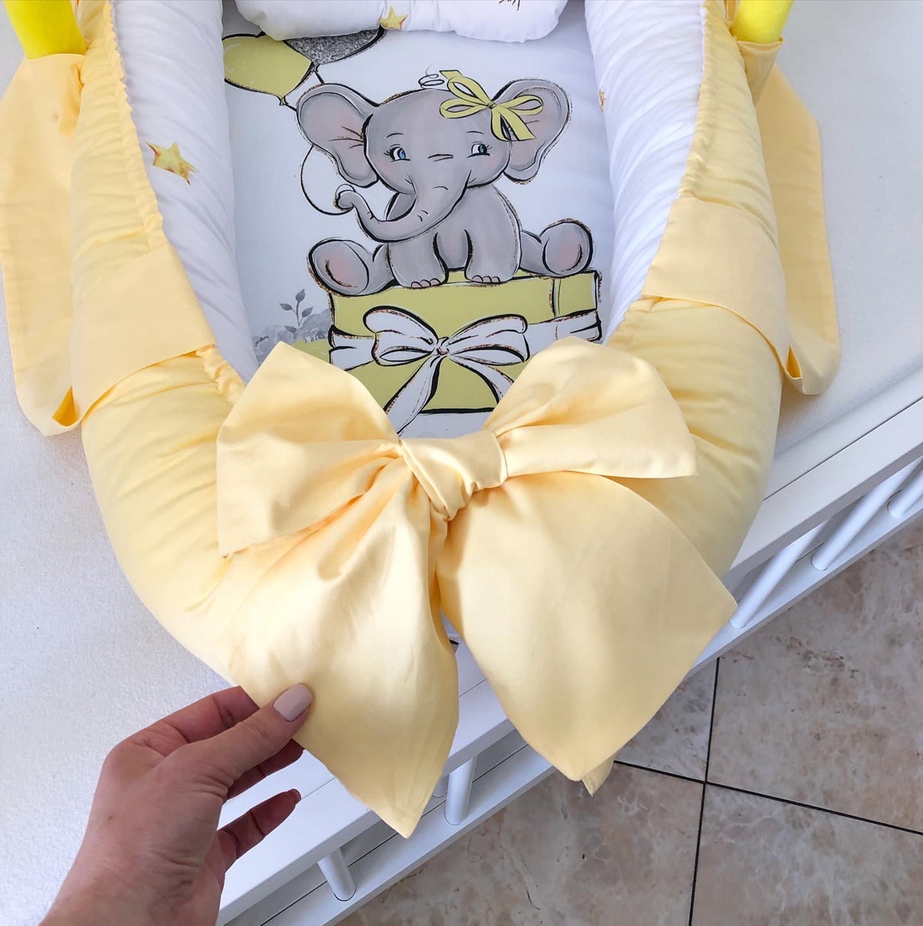 Baby Nest yellow Elephant "Nest for babies with bow and toys"
