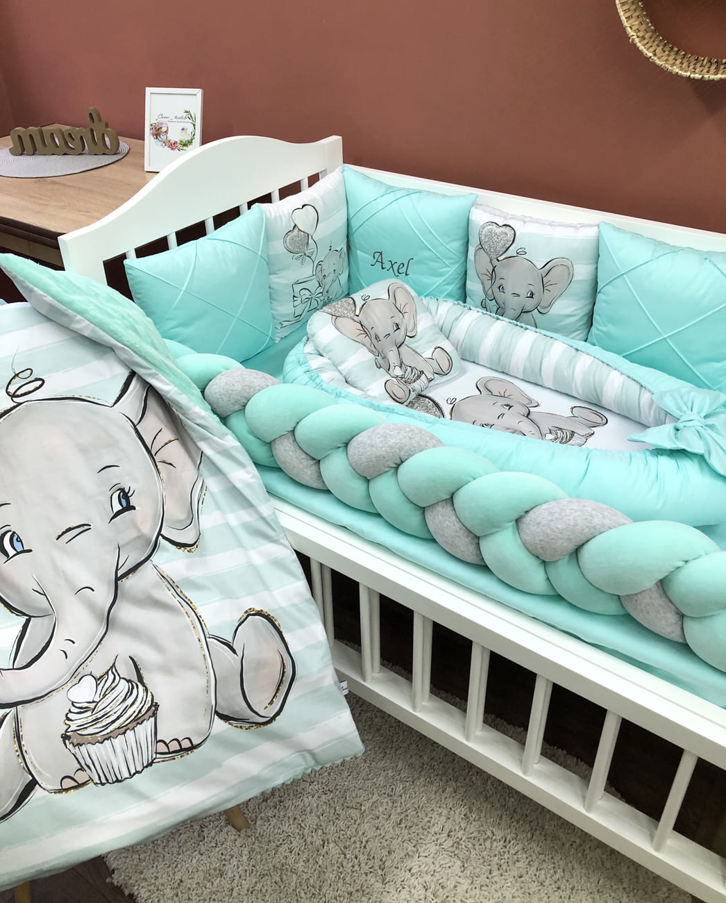 Crib set "Mint Elephant