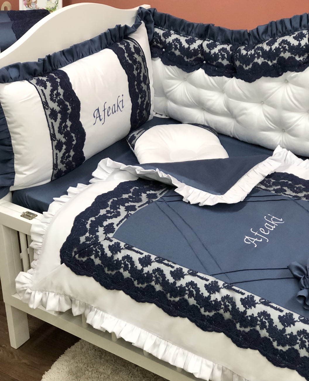Crib set "Personalized navy blue and white luxury baby bedding set "