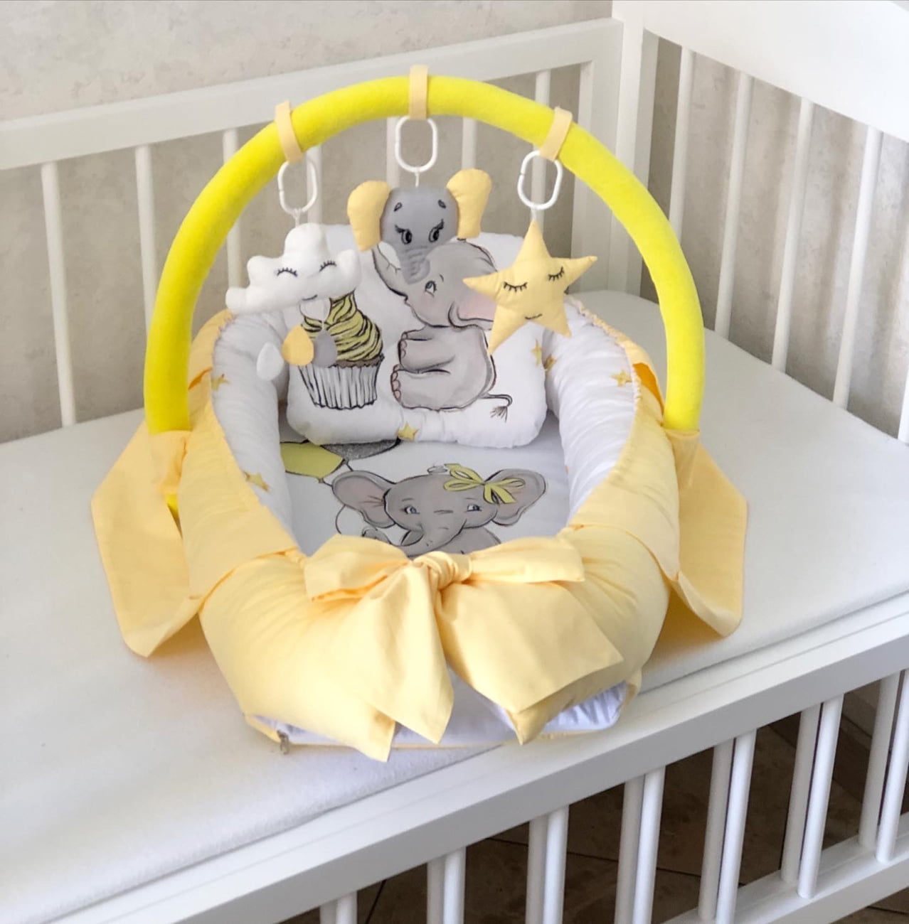 Baby Nest yellow Elephant "Nest for babies with bow and toys"