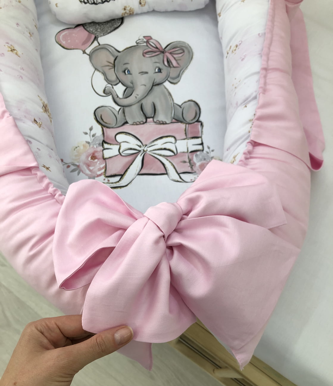 Baby Nest pink Elephant "Nest for babies with bow and toys"