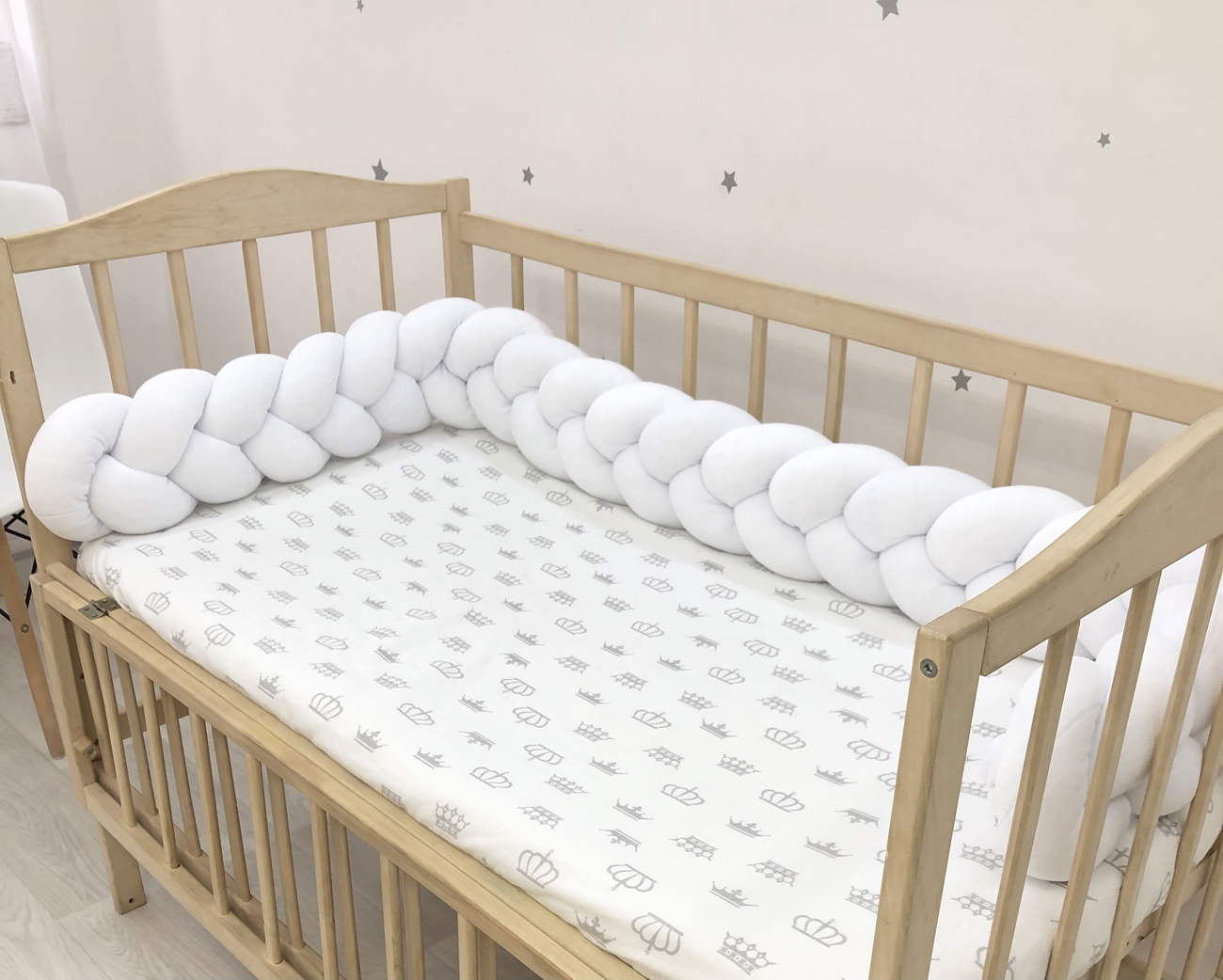 3-strand Braided Crib Bumper in white color crib bedding
