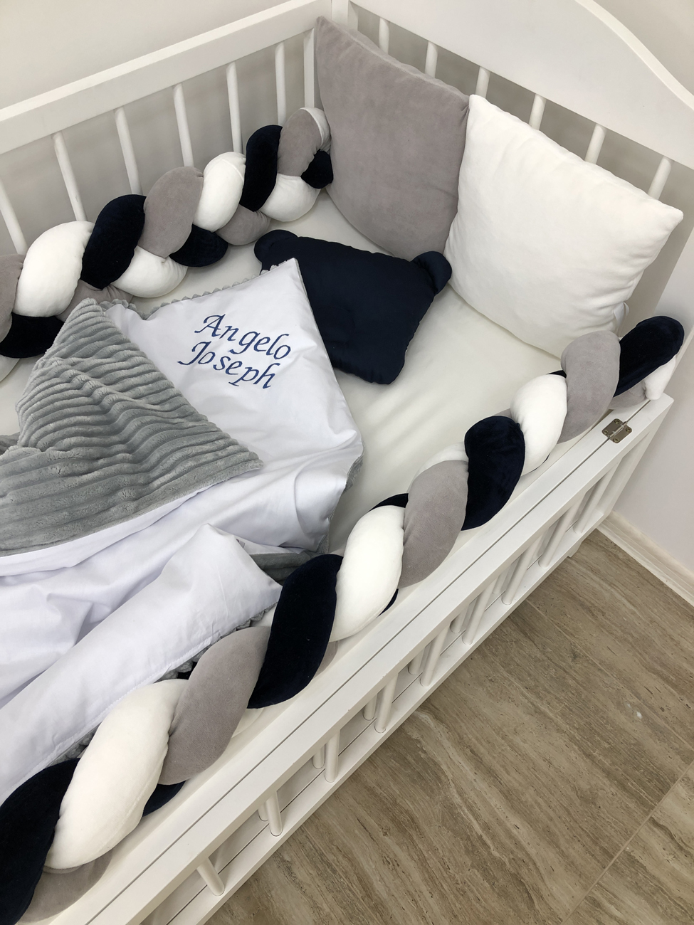 Crib set "Snuggle crib bedding in grey milk color for baby