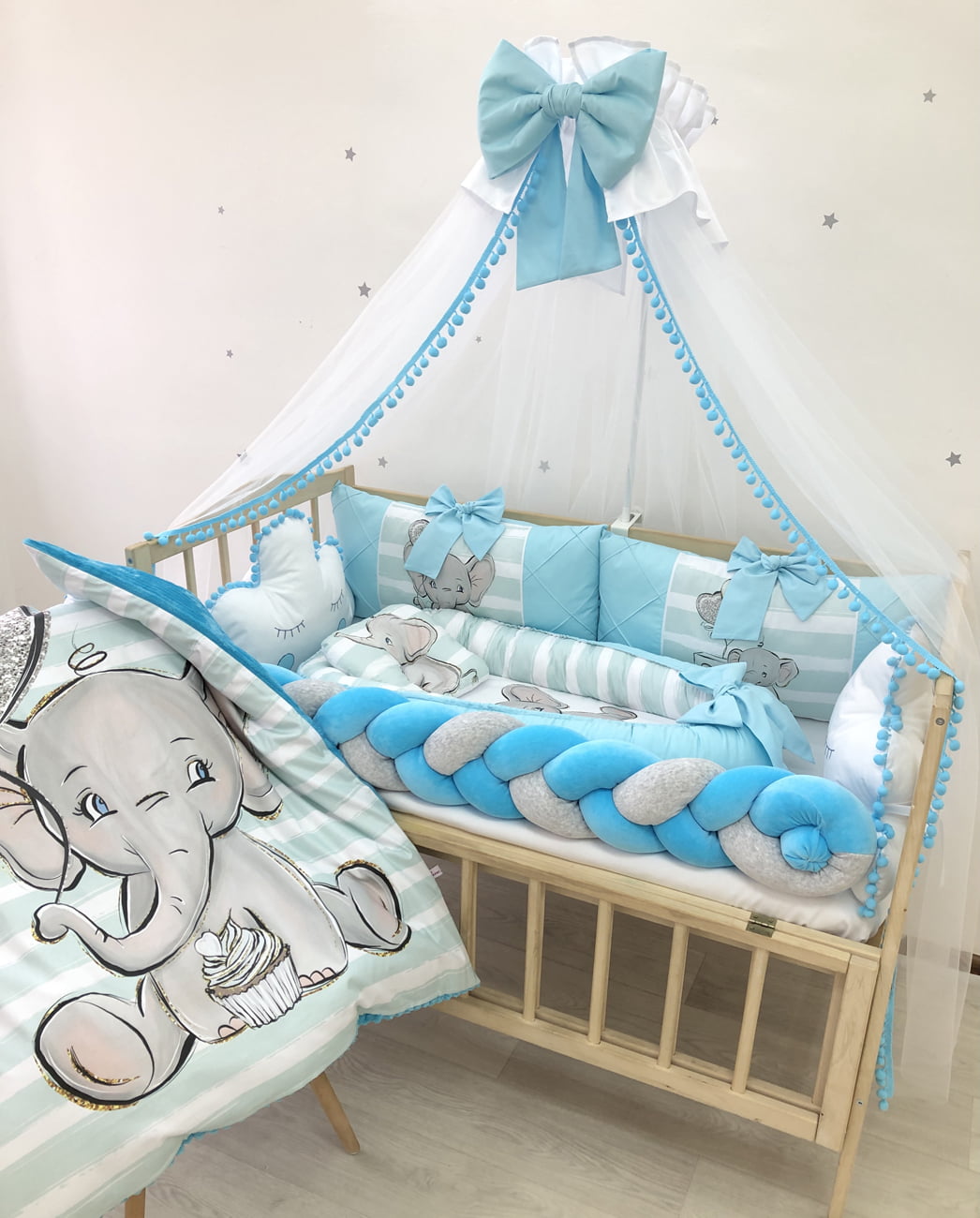 Crib set"Azure Elephant"