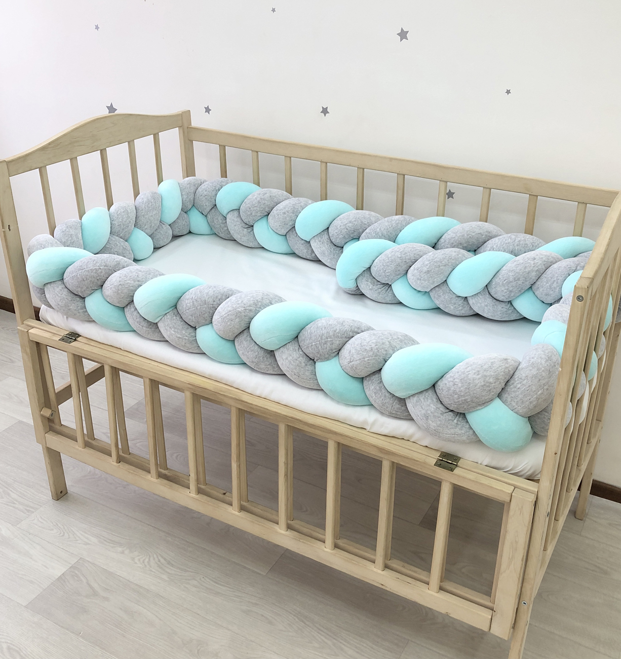 Grey and mint Braided Crib Bumper