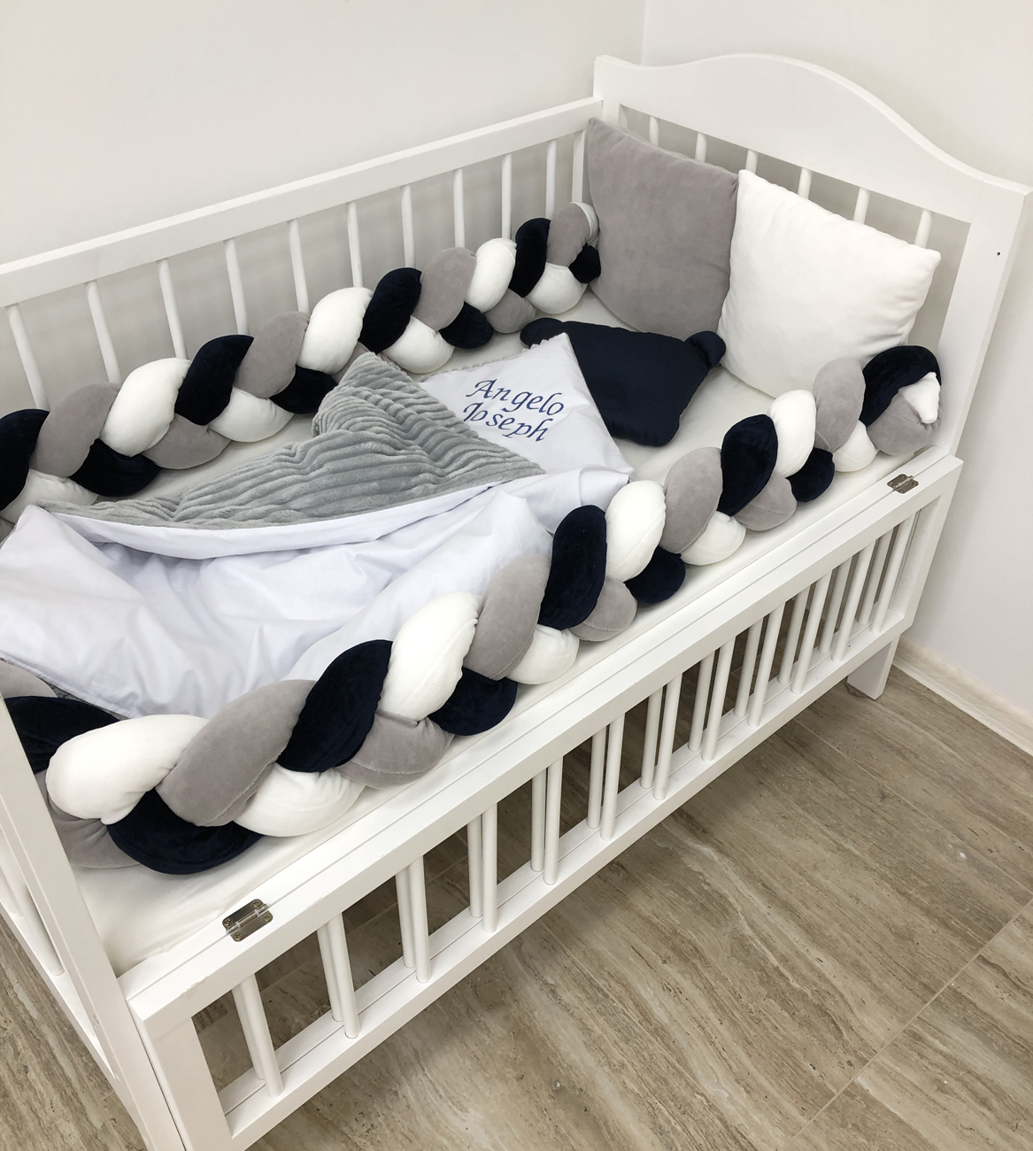 Crib set "Snuggle crib bedding in grey milk color for baby