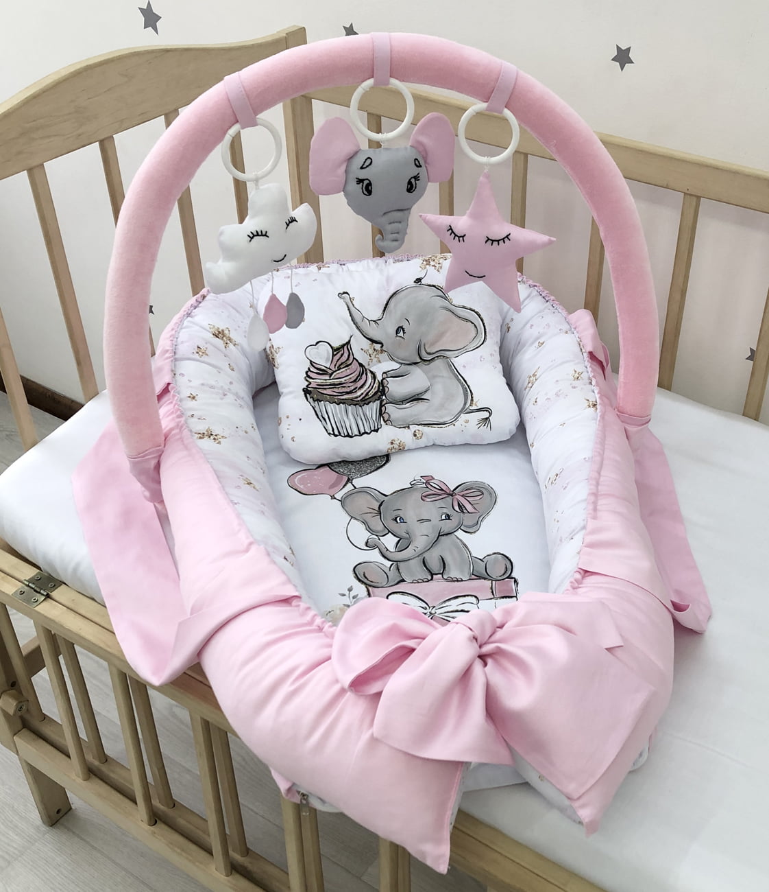 Baby Nest pink Elephant "Nest for babies with bow and toys"
