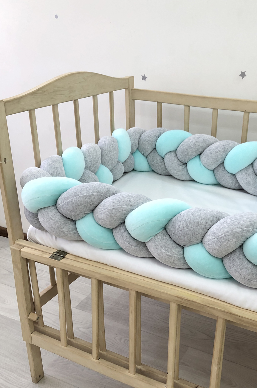 Grey and mint Braided Crib Bumper