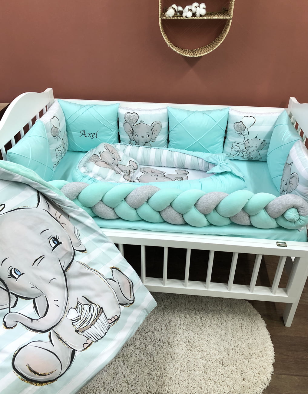 Crib set "Mint Elephant