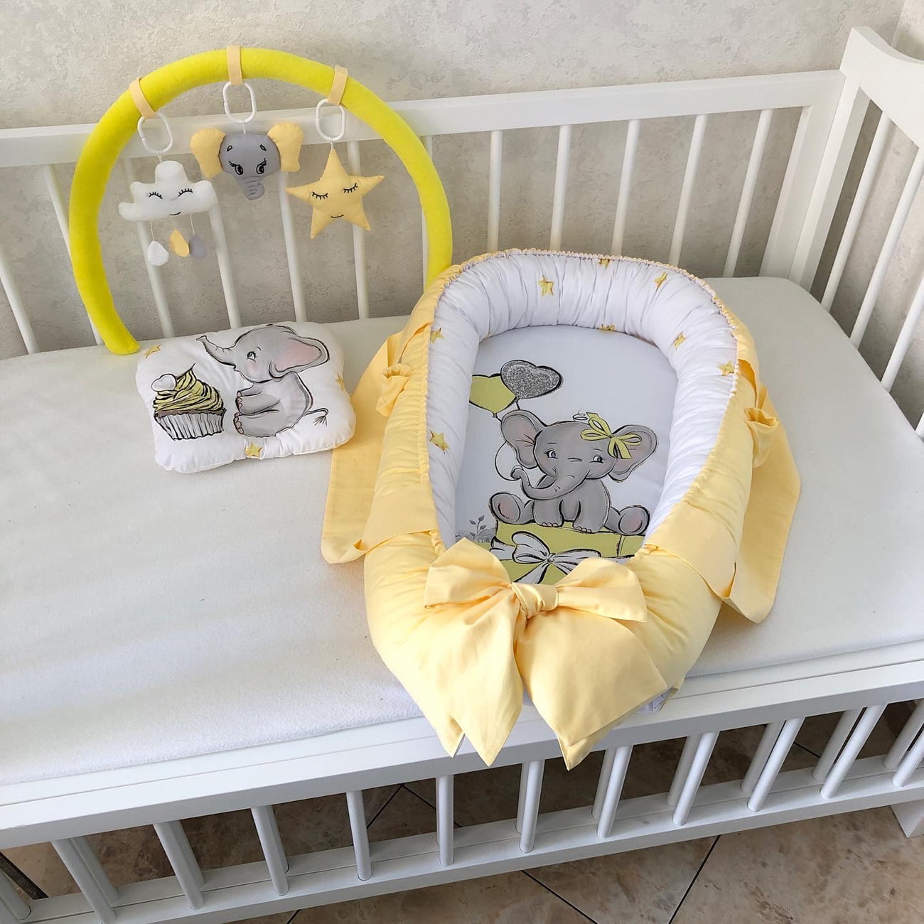 Baby Nest yellow Elephant "Nest for babies with bow and toys"