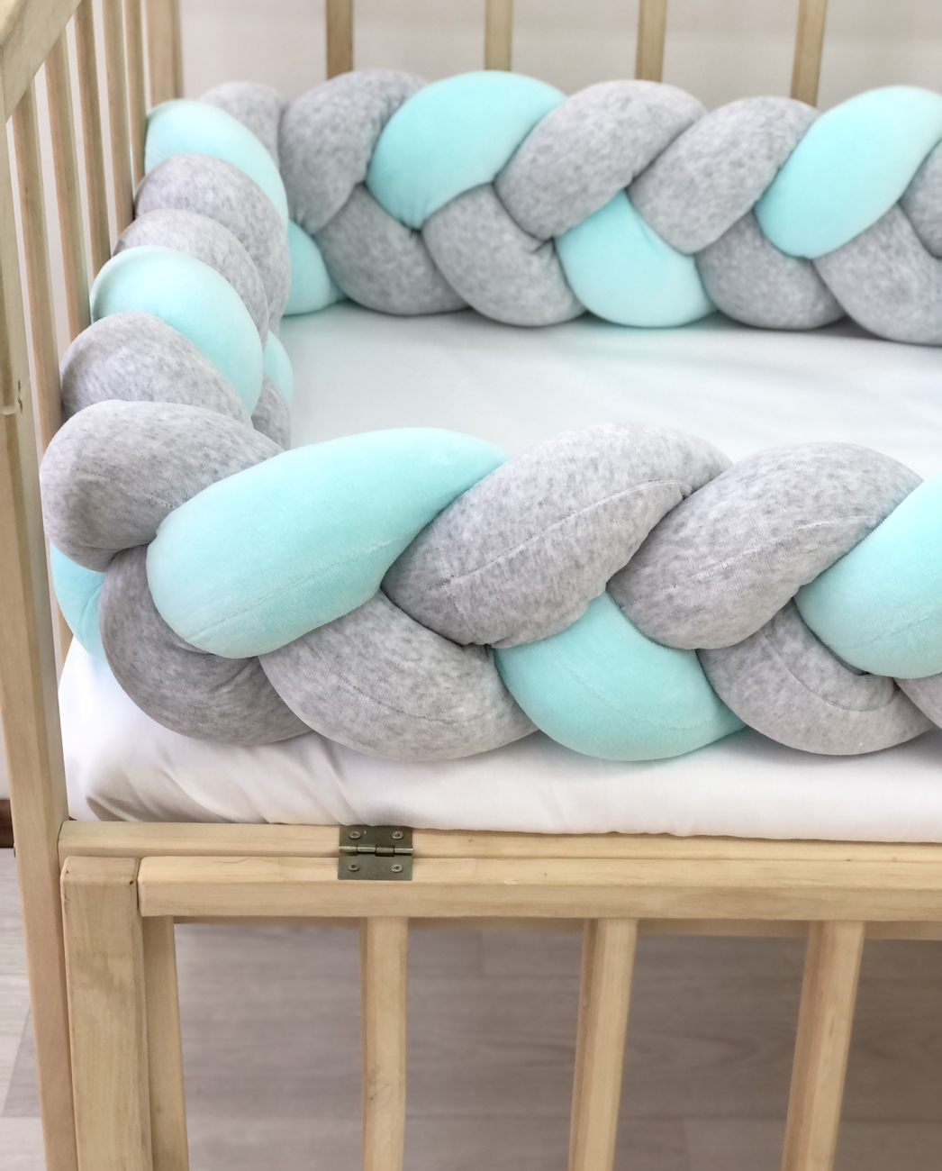 Grey and mint Braided Crib Bumper