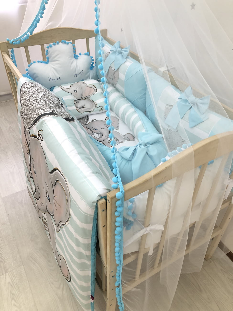 Crib set"Azure Elephant"