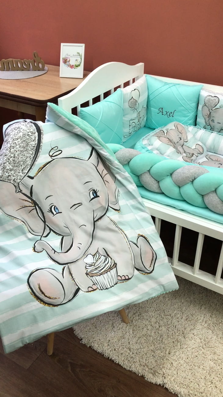 Crib set "Mint Elephant