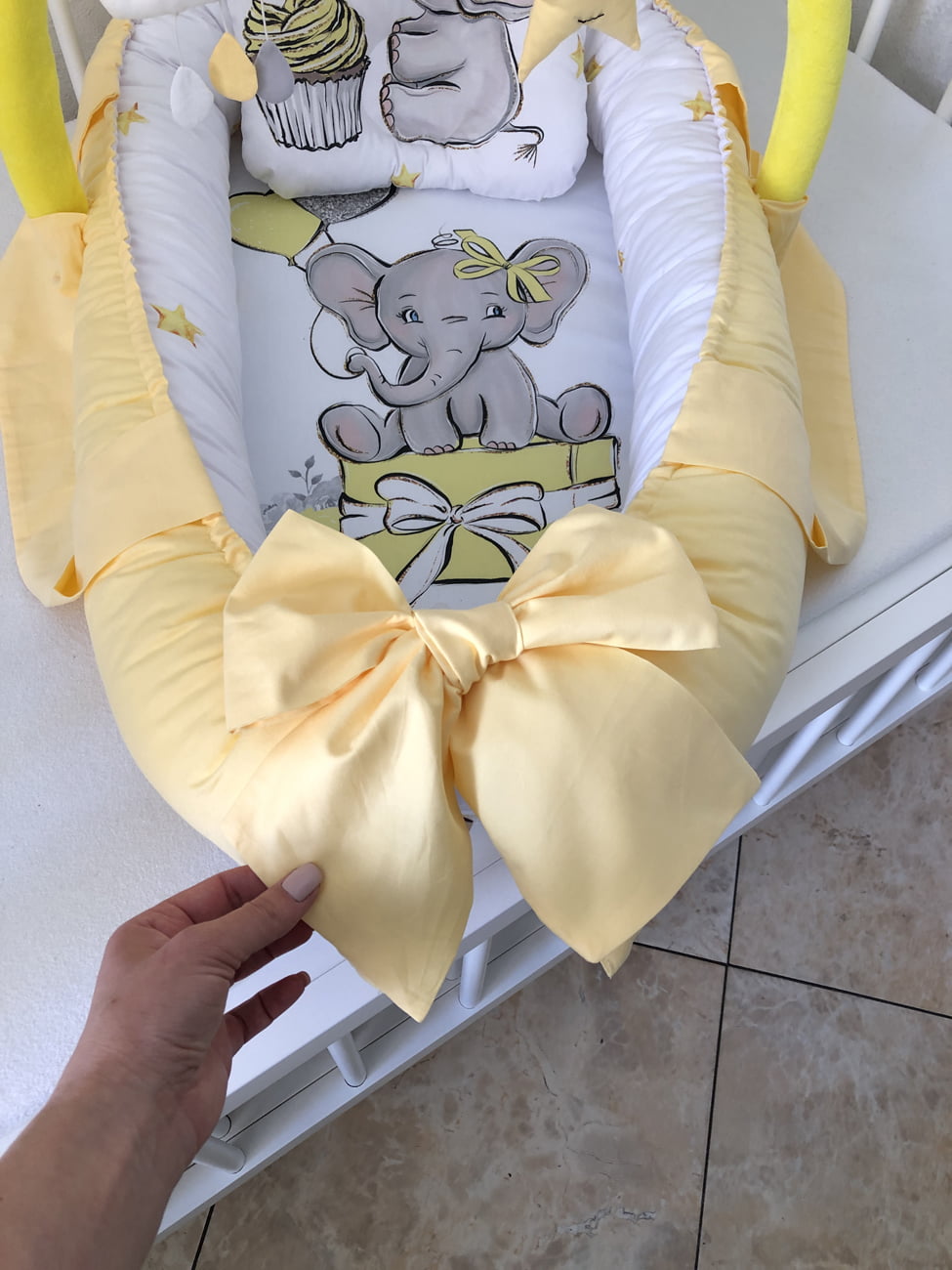 Baby Nest yellow Elephant "Nest for babies with bow and toys"