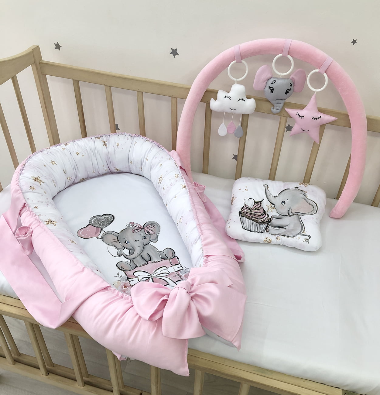 Baby Nest pink Elephant "Nest for babies with bow and toys"