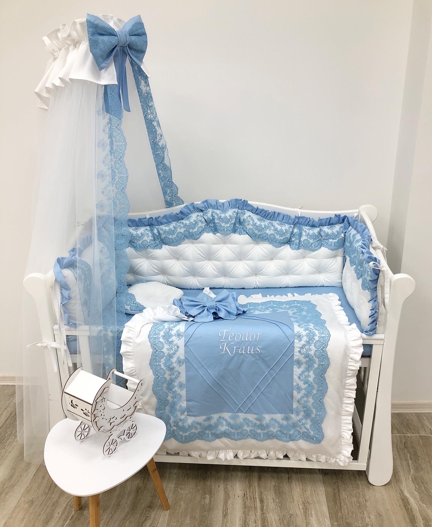 Luxury personalized bedding set "Blue Dream " color blue and white