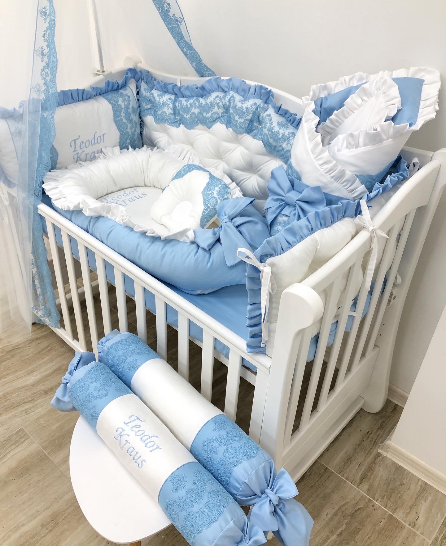 Luxury personalized bedding set "Blue Dream " color blue and white