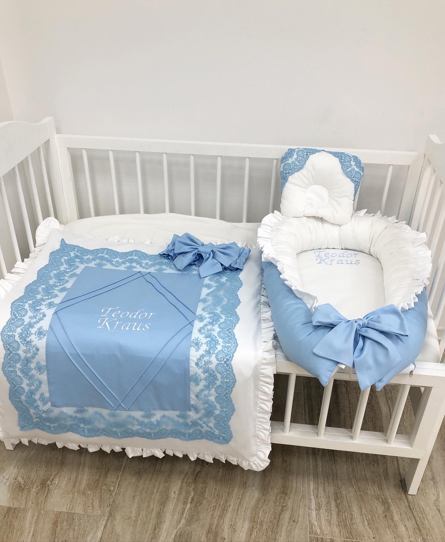 Luxury personalized bedding set "Blue Dream " color blue and white