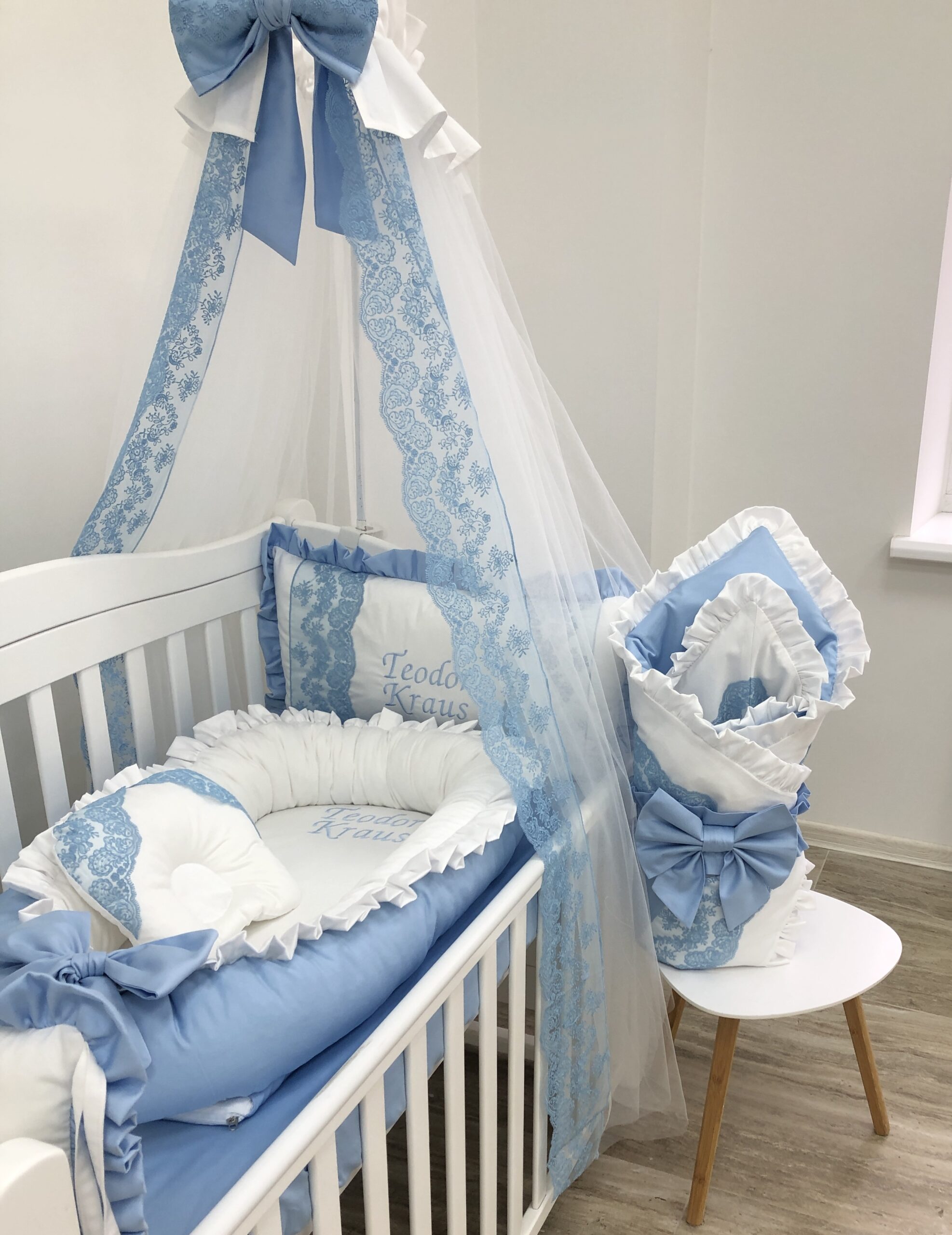 Luxury personalized bedding set "Blue Dream " color blue and white